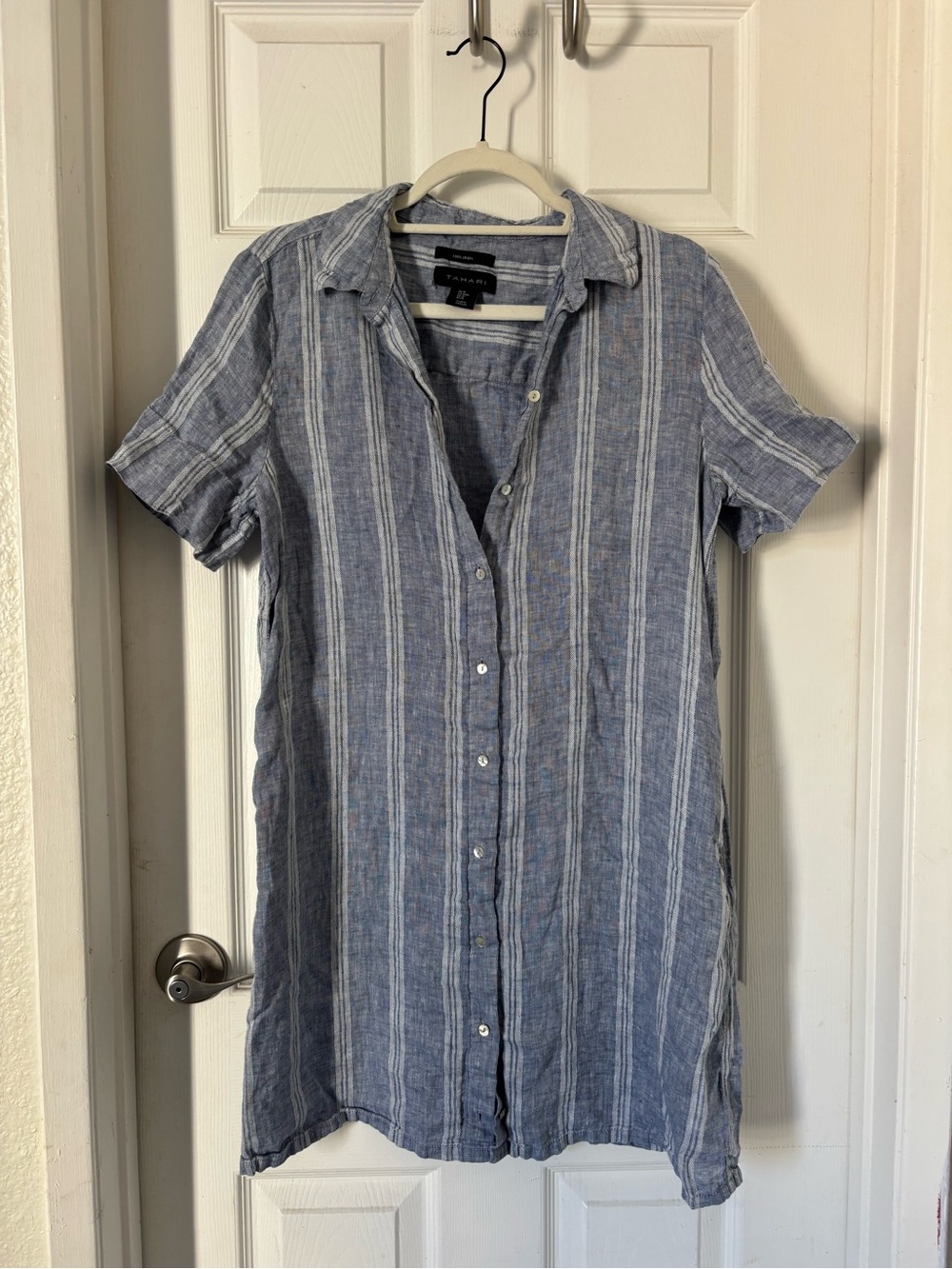 Tahari Blue and White Striped Linen Mini Shirt Dress